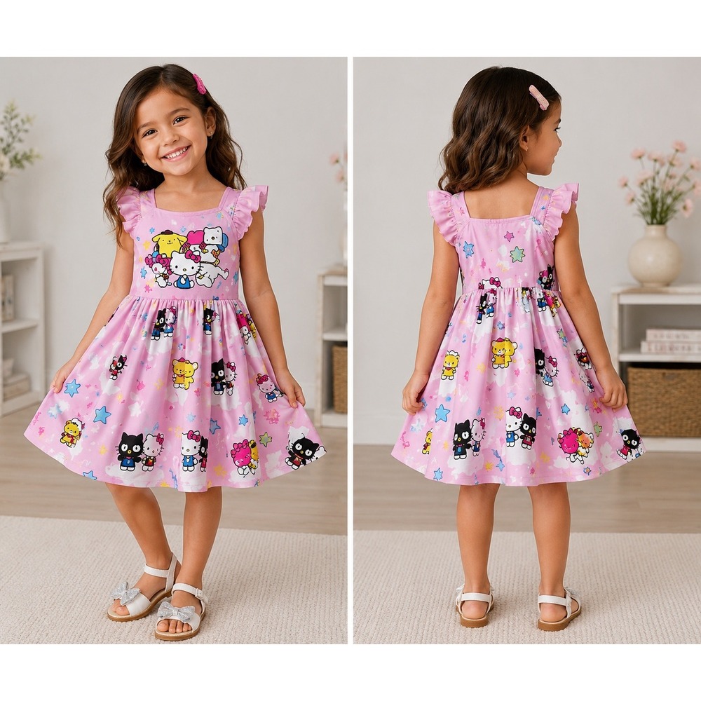 LingQiShiZu Sanrio Character Dress Kids 14-16 Pink Hello Kitty Ruffle Sleeve NWT